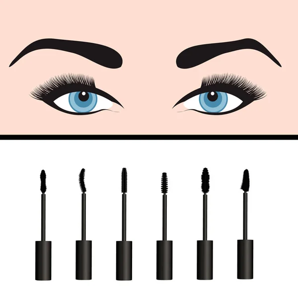 A girl's eyes and  types of  mascara vector illustration. Set of mascara — Stock Vector