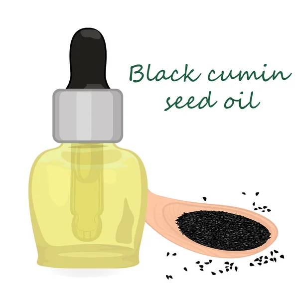 Czarny kminek nasion ilustracja wektorowa olejek aromaterapii — Wektor stockowy