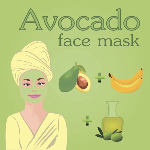 Diy Avocado, banana, olive oil face mask for dry skin — Stock Vector