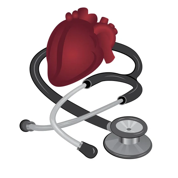 ESTETOSCOPE e coração isolados em fundo branco Ferramenta de medição médica — Vetor de Stock