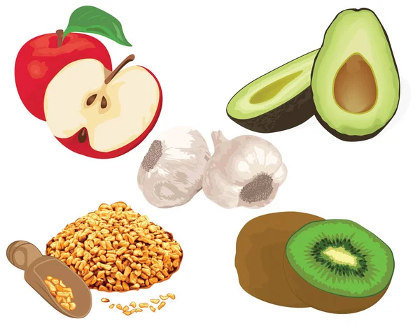 Alimentos para reducir el nivel de colesterol. ajo, manzana, kiwi, alholva, aguacate — Vector de stock