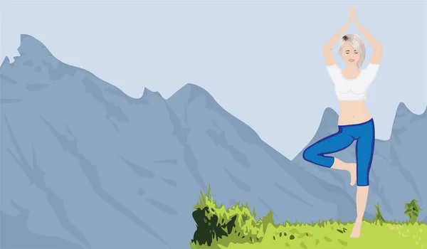 山区景观背景和一名做瑜伽练习的妇女 — 图库矢量图片