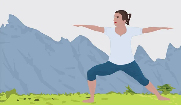 Fondo de paisaje de montaña y una mujer haciendo ejercicio de yoga — Vector de stock