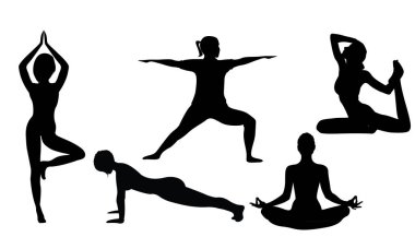Kadınlar yoga yaparken excercises siluetleri  