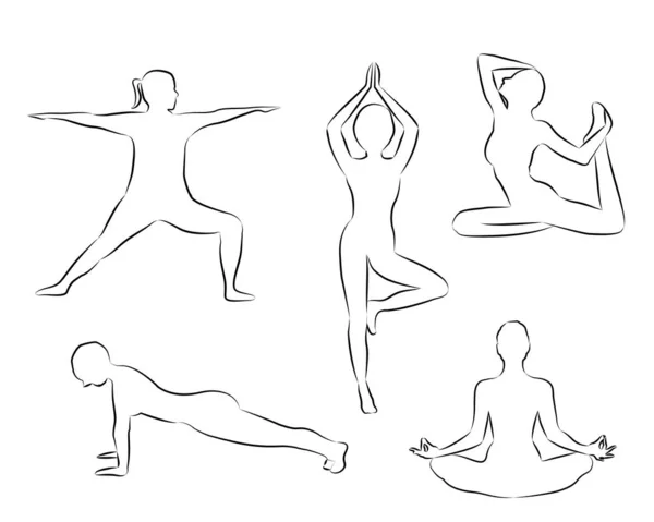 Mujeres haciendo ejercicios de yoga siluetas esquema — Vector de stock