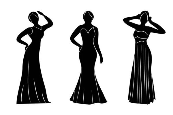 Young wemwn a evening gowns silhouettes — Stock Vector