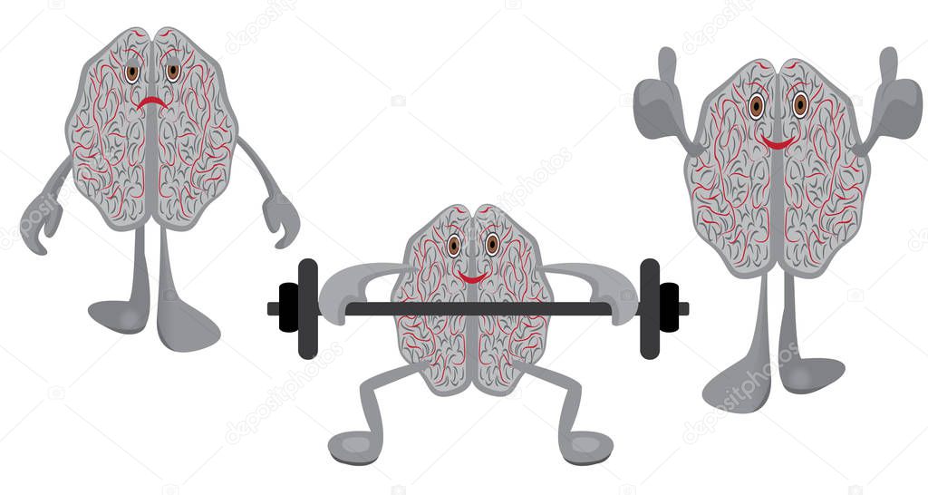 Brain affected with a stress, brains having exercises with a barbell and healthy trained brain 