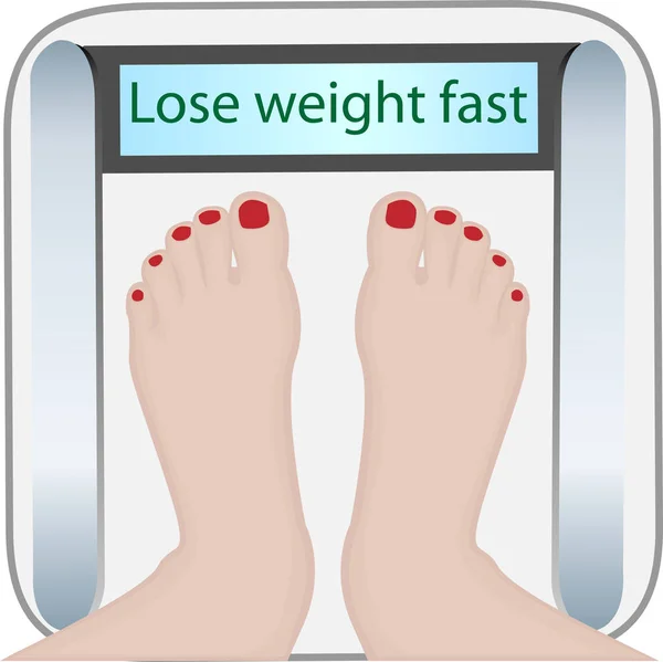女人的脚踩在重型机械上 超重和减肥的概念 在白色背景上孤立的矢量图解 — 图库矢量图片