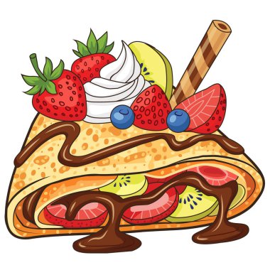 Lezzetli bir tatlı, çilekli rulo krep ve kivi meyveli kekin detaylı bir çizimi. Bu sanat eseri beyaz bir arkaplanda sunuluyor. Tasarım, yemek blogları, restoran menüleri ve paket de dahil olmak üzere birçok kullanım alanı için mükemmel.