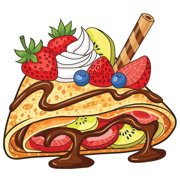 Lezzetli bir tatlı, çilekli rulo krep ve kivi meyveli kekin detaylı bir çizimi. Bu sanat eseri beyaz bir arkaplanda sunuluyor. Tasarım, yemek blogları, restoran menüleri ve paket de dahil olmak üzere birçok kullanım alanı için mükemmel.