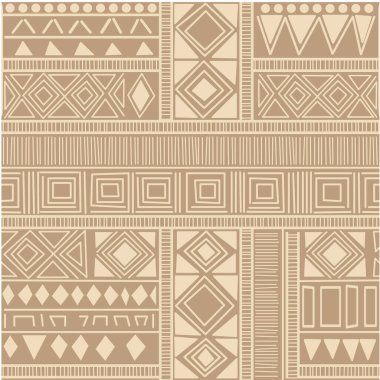 Basitleştirilmiş, bej rengi paletli, Afrika esinlenilmiş bir tekstil deseni. Tasarım, geleneksel çamur bezini andıran karmaşık çizgiler ve bantlarla elmas, üçgen ve kareler gibi cesur geometrik şekilleri birleştiriyor..