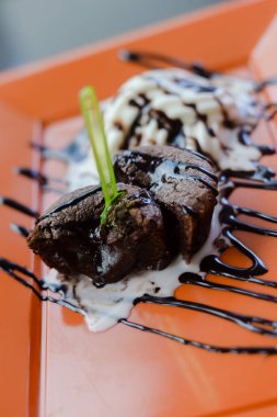 Temptation of dessert, closeup top side view on delicious colorful background