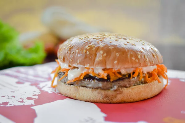 Closeup Cheeseburger Preparing Grilled Cheese Melts Stove Background — Stockfoto