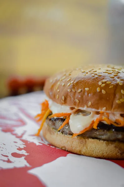 Burger Stove Background Cooking Delicious Hamburger Cheeseburger Healthy Fresh Food — Stockfoto