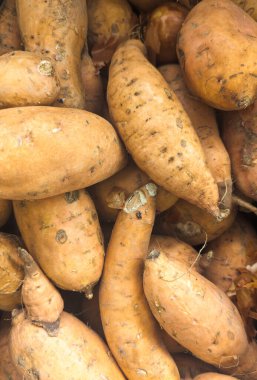 Pişirmede ve sağlıklı beslenme düzenlerinde kullanılan sert ciltli ve toprak dokulu çiğ patates yığını.