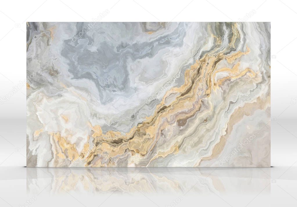 Golden marble tile standing on the white background with reflections and shadows. Texture for design. 2D illustration. Natural beauty