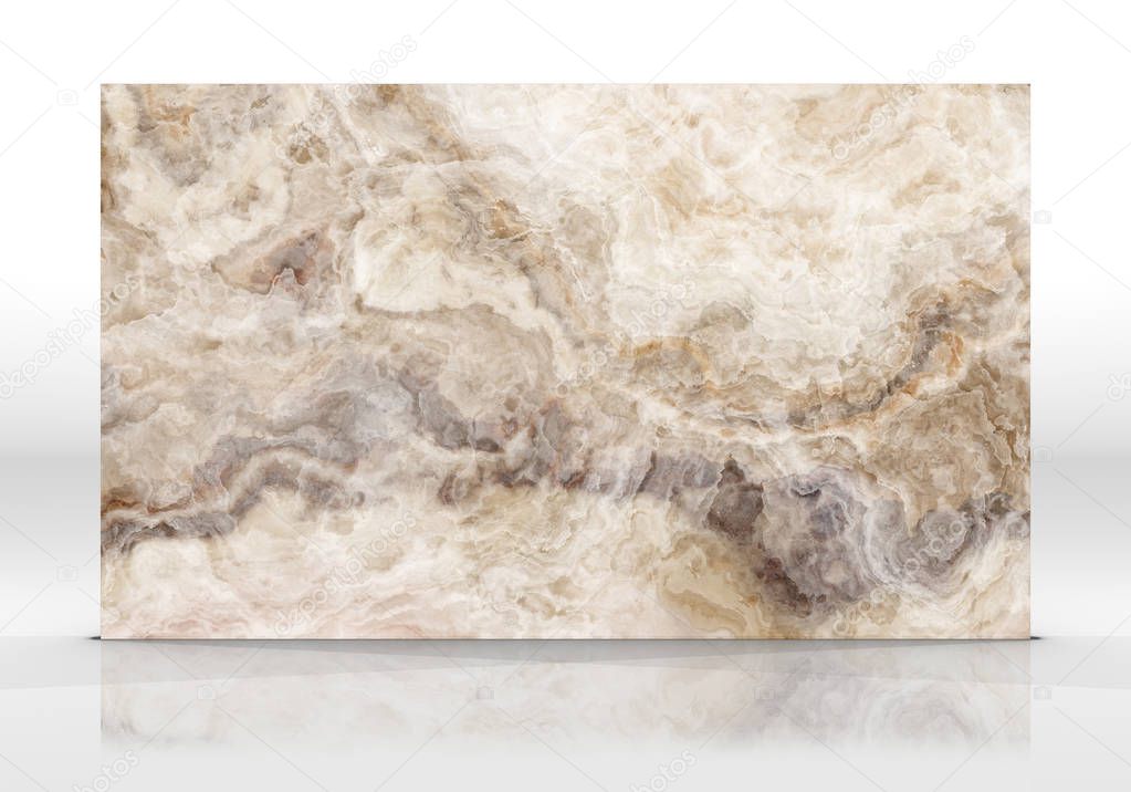 Onyx marble tile standing on the white background with reflections and shadows. Texture for design. 2D illustration. Natural beauty