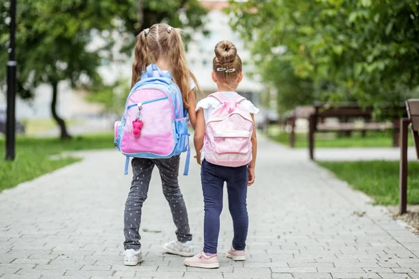 Két Gyerek Hátizsák Iskolába Menni Iskola Oktatás Tanulmány Barátság Gyermekkori — Stock Fotó