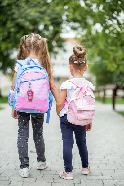 Két Gyermek Hátizsák Iskolába Menni Iskola Oktatás Tanulmány Barátság Gyermekkori — Stock Fotó