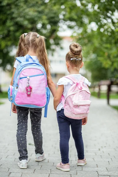 Duas Crianças Vão Escola Com Mochilas Conceito Escola Estudo Educação — Fotografia de Stock