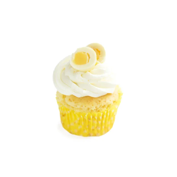 Cupcake Κρέμα Και Καραμέλα Λευκό Φόντο Έννοια Των Τροφίμων Επιδόρπια — Φωτογραφία Αρχείου