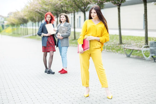 Bella studentessa in piedi con una cartella. Concetto educativo, esami, amicizia e gruppo di persone — Foto Stock