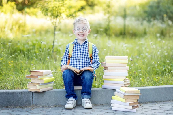 Un niño pequeño con gafas y libros. De vuelta a la escuela. El concepto de aprendizaje, escuela, mente, estilo de vida —  Fotos de Stock