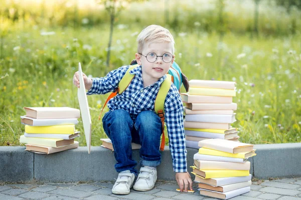 Liten skolpojke med ryggsäck och böcker. Begreppet lärande, skola, sinne, livsstil och framgång. — Stockfoto