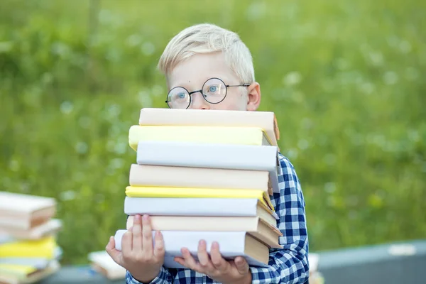Uma criança pequena tem muitos livros nas mãos. O conceito de aprendizagem, escola, mente, estilo de vida e sucesso . — Fotografia de Stock