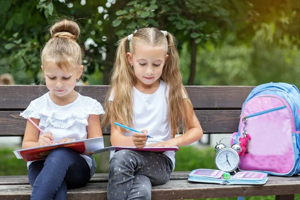 Le ragazze di bambini disegnano e scrivono in quaderni. Il concetto di scuola, studio, educazione, amicizia . — Foto Stock