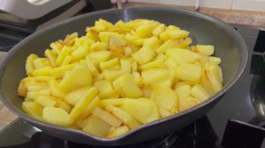 Tavada yağda kızartılmış taze organik Ukrayna patatesleri, sebzeler, lezzetli, mutfak, yemek pişirme.