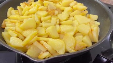 Tavada yağda kızartılmış taze organik Ukrayna patatesleri, sebzeler, lezzetli, mutfak, yemek pişirme.