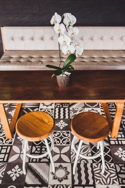 Modern Wooden Furniture Cafe Floor Black White Ornament Tile Two — Stock Photo, Image