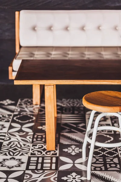 Modern Wooden Furniture Cafe Floor Black White Ornament Tile Chair — Stock Photo, Image