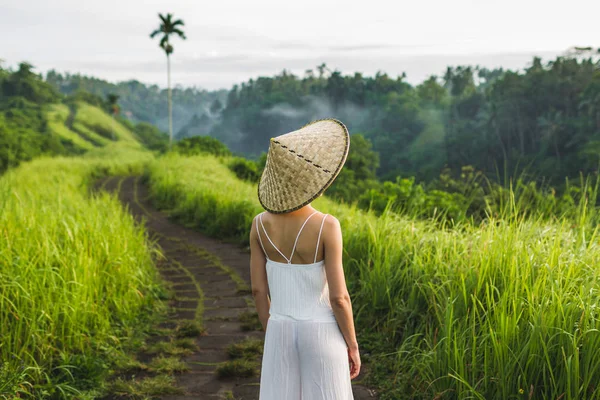 Задний Вид Женщины Азиатской Соломенной Шляпе Идущей Кампухан Ридж Пути — стоковое фото