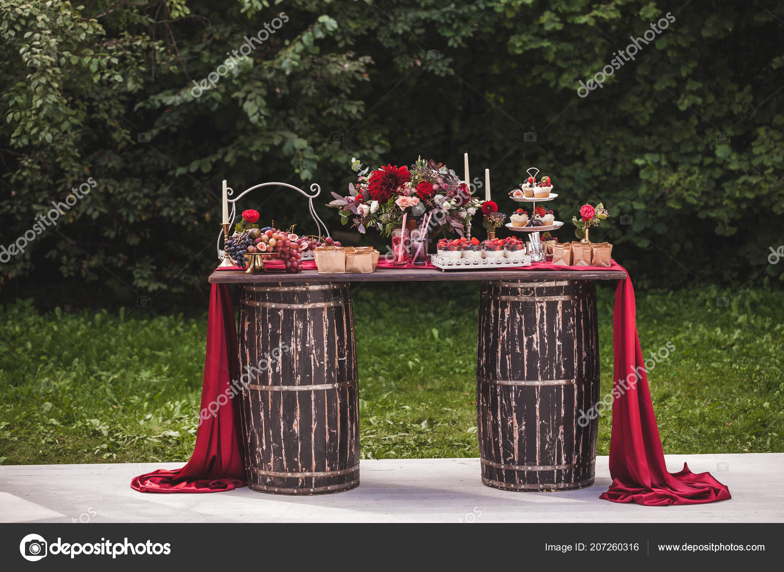 Wedding Reception Wooden Table Standing Two Barrels Decorated Red