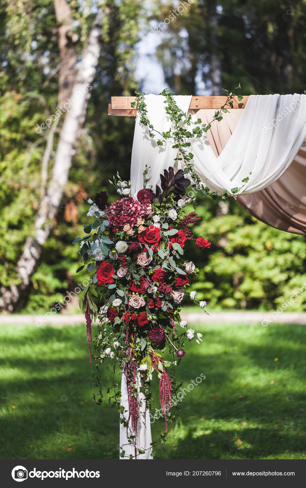 Wedding Ceremony Arch Rustic Style Decorated Red Flowers White
