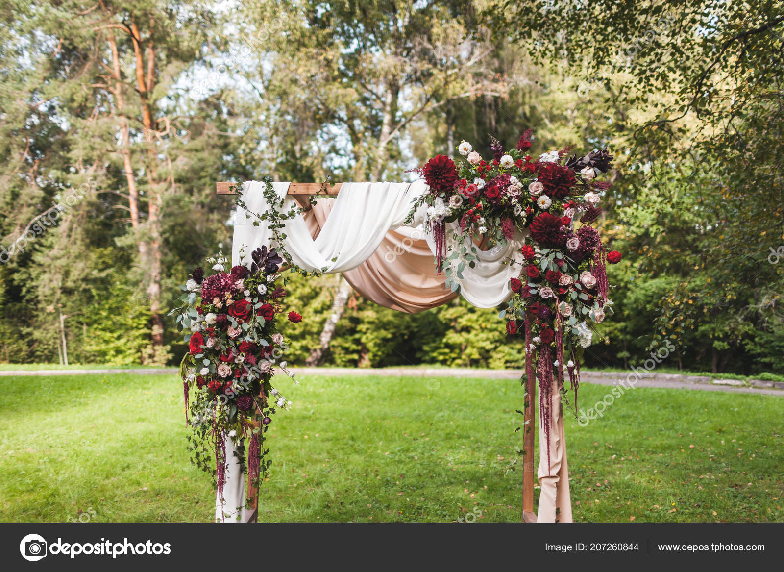 Wedding Ceremony Arch Rustic Style Decorated Red Flowers White