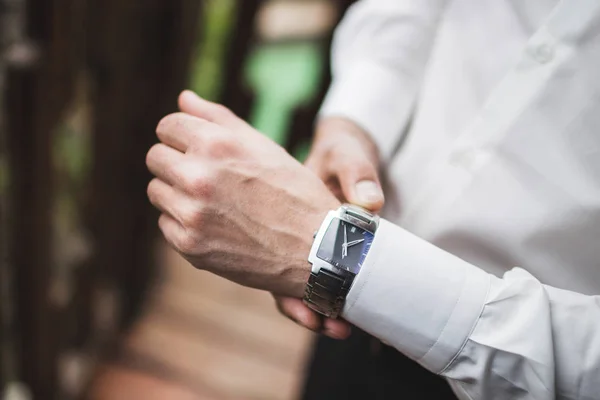 Man White Shirt Wearing Classic Watch Business Style Concept — Stock Photo, Image