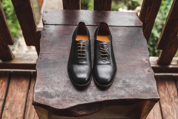 Zapatos Clásicos Cuero Oscuro Soporte Madera — Foto de Stock