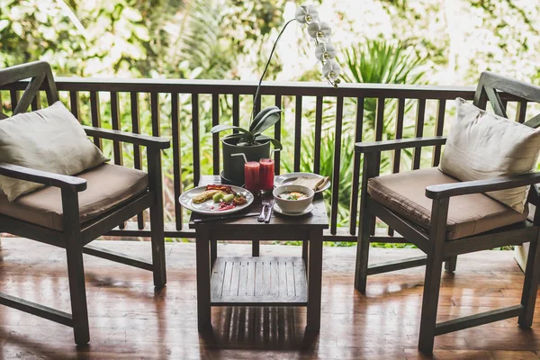 Breakfast Eggs Fresh Watermelon Juice Orchid Flower Wooden Terrace — Stock Photo, Image