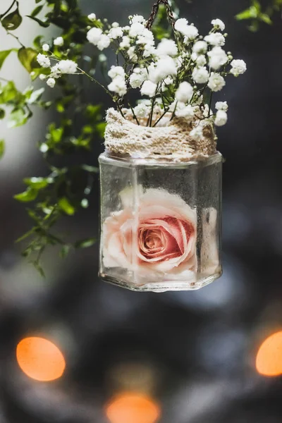 Decoração Cerimônia Casamento Com Rosa Dentro Garrafa Vidro Pendurada Ramo — Fotografia de Stock