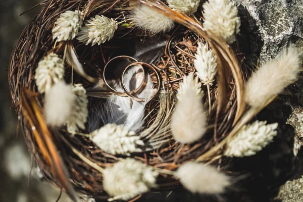 Dva Snubní Prsteny Ručně Vyráběné Proutěné Hnízdo Sušených Květin — Stock fotografie