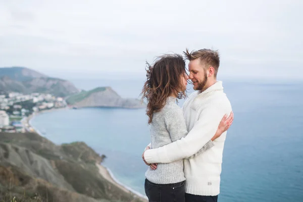 Close Portrait Couple Wind Hair Hugging Happy Together — Stock Photo, Image