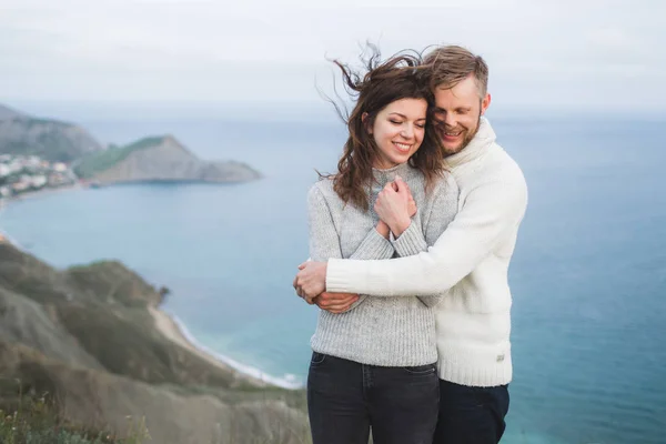 Close Portrait Couple Wind Hair Hugging Happy Together Both Sweaters — Stock Photo, Image