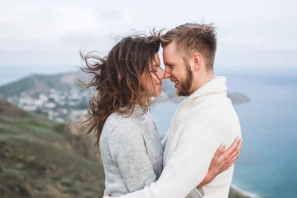 Close Portrait Couple Wind Hair Hugging Happy Together Both Sweaters — Stock Photo, Image