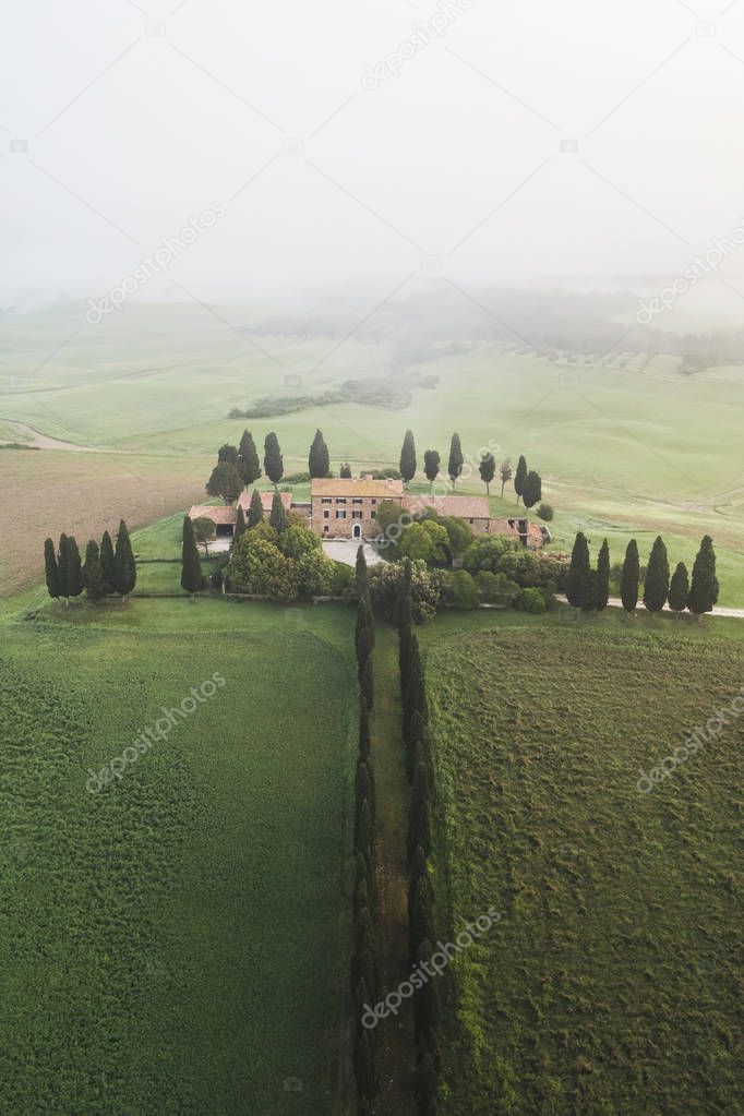 SAN QUIRIO D'ORCIA, ITALY - MAY 11, 2018 - Aerial view of Borbor