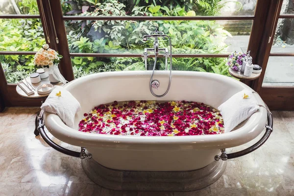 Μπάνιο Σωλήνα Τροπικά Λουλούδια Σπα Χαλάρωση Φροντίδα Σώματος Θεραπεία Κορυφαία — Φωτογραφία Αρχείου