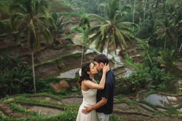 Молоде латиноамериканське подружжя з дивовижним видом на терару рису Убуд. — стокове фото