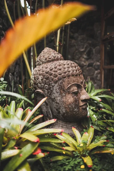Stenen Boeddha hoofd van dichtbij. Handgemaakt gesneden Boeddhabeeld in bal — Stockfoto
